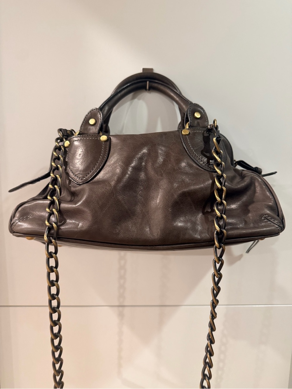 Luana Italian Leather Satchel Dark Olive Brown Chain Strap Top Handle - Picture 2 of 13